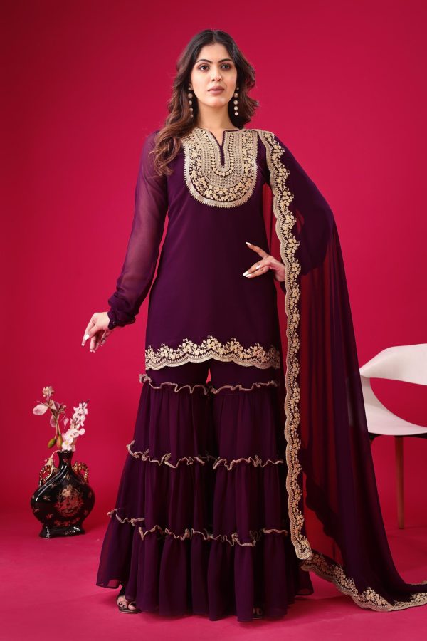 Magical Wine Color Faux Georgette Embroidery Sequence Work Salwar Suit