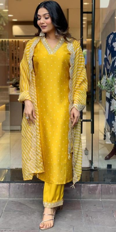 MF 746 Yellow Color Chinon Silk Wide Digital Print Coding Work Lace Salwar Suit Casual, Wedding, Party, Festive, Events Etc.4-6 Working Days@ 1699/-only | Jump Suits, Casual Suits, Creative suits, Designer Suits, Palazzo Suits, Party Wear Suits, Patiala Suits, Salwar suit, Straight Suits