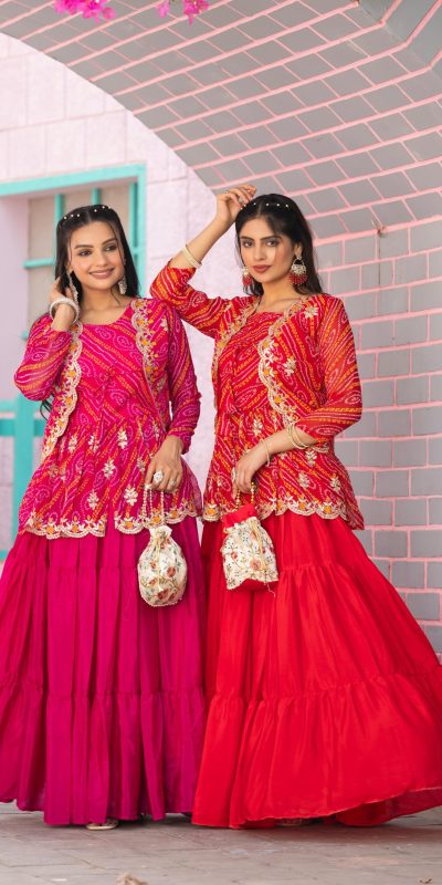 Ram 091 Red Color Bandhej Embroidery Thared Work Lehenga Crop Top & Jacket Wedding, Party, Festive, Events Etc. Delivery 4-6 Working Days Rs 2149 | Bollywood Lehenga, Creative Lehenga, Designer Lehenga, Embroidered Lehenga, Lehenga, Party Wear Lehenga