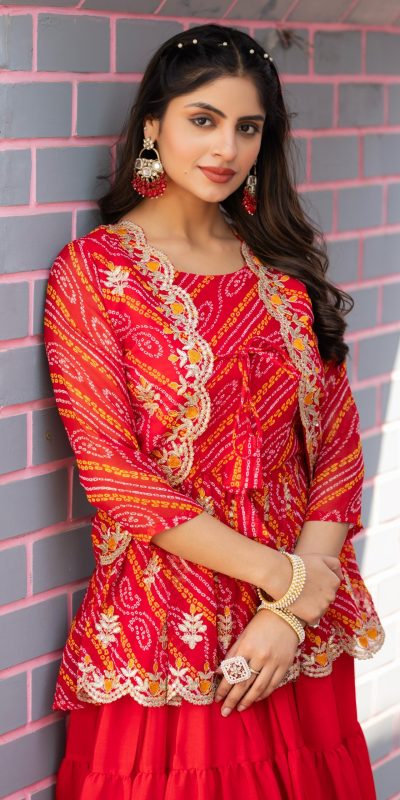 Ram 091 Red Color Bandhej Embroidery Thared Work Lehenga Crop Top & Jacket Wedding, Party, Festive, Events Etc. Delivery 4-6 Working Days Rs 2149 | Bollywood Lehenga, Creative Lehenga, Designer Lehenga, Embroidered Lehenga, Lehenga, Party Wear Lehenga