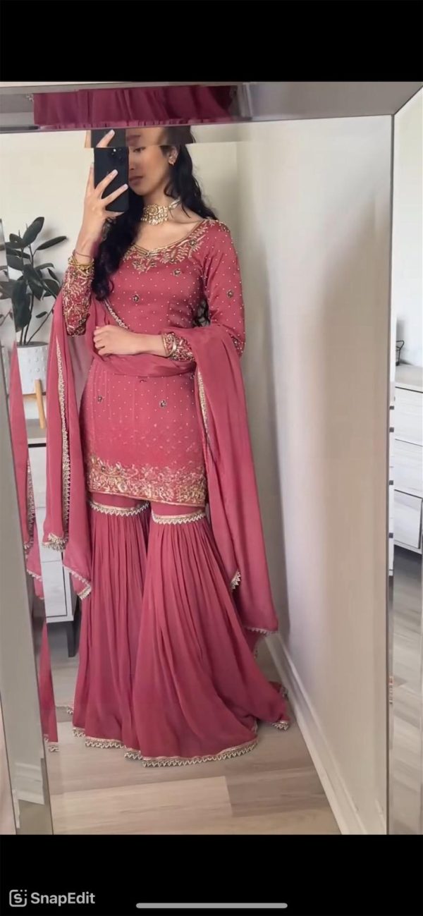 Perfects Peach Color Chinnon Silk Heavy Embroidery Work With Moti Handwork Salwar Suit