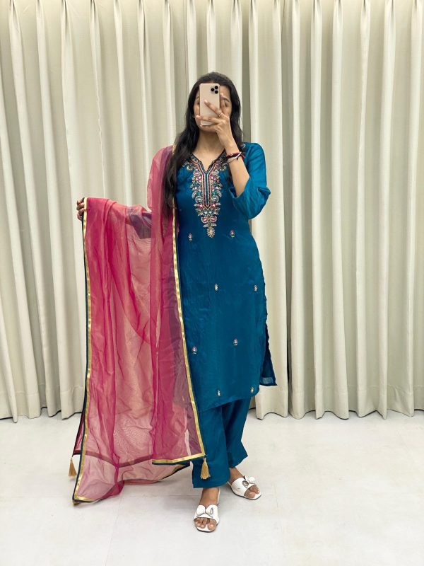 Prefect Peacock Blue Color Fendi Silk Hand Work Salwar Suit