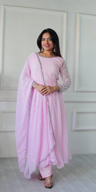 VLM 256 Baby Pink Color Foix Georgette With Embroidery Work Anarkali Gown Casual, Wedding, Party, Festive, Events Etc.4-6 Working Days@ 1899/-only | Bollywood Gowns, Creative Gowns, Designer Gowns, Embroidered Gowns, Gowns, Party Wear Gowns