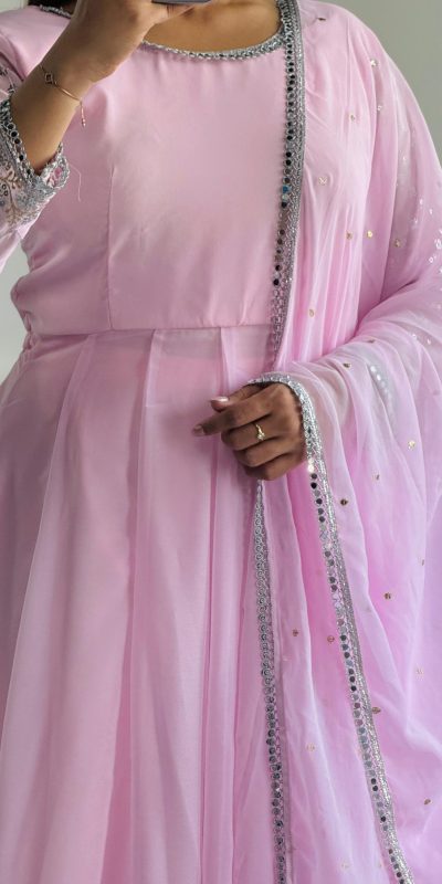 VLM 256 Baby Pink Color Foix Georgette With Embroidery Work Anarkali Gown Casual, Wedding, Party, Festive, Events Etc.4-6 Working Days@ 1899/-only | Bollywood Gowns, Creative Gowns, Designer Gowns, Embroidered Gowns, Gowns, Party Wear Gowns