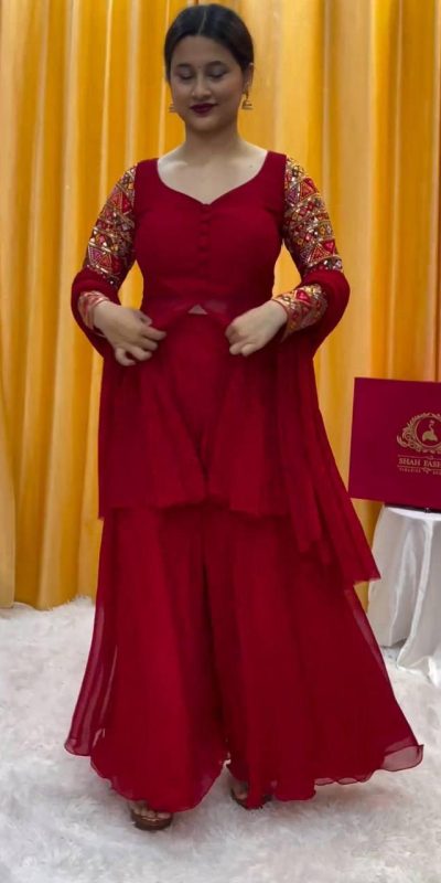 PC 343 Red Fox Georgette Thread Work With Fancy Button Salwar Suit Casual, Wedding, Party, Festive, Events Etc.4-6 Working Days@ 2029/-only | Jump Suits, Casual Suits, Creative suits, Designer Suits, Palazzo Suits, Party Wear Suits, Patiala Suits, Salwar suit, Straight Suits