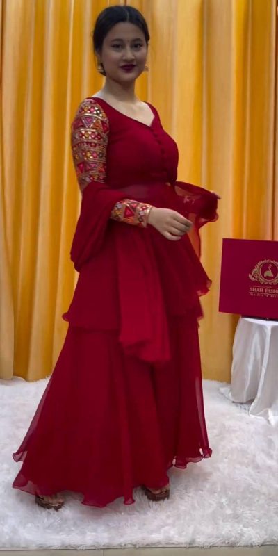 PC 343 Red Fox Georgette Thread Work With Fancy Button Salwar Suit Casual, Wedding, Party, Festive, Events Etc.4-6 Working Days@ 2029/-only | Jump Suits, Casual Suits, Creative suits, Designer Suits, Palazzo Suits, Party Wear Suits, Patiala Suits, Salwar suit, Straight Suits