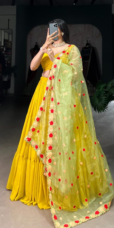 LNB 1348 Yellow Color Georgette Plain Lehenga Choli Wedding , Party , Festive , Ect @2149/- Only | Bollywood Lehenga, Creative Lehenga, Designer Lehenga, Embroidered Lehenga, Lehenga, Party Wear Lehenga