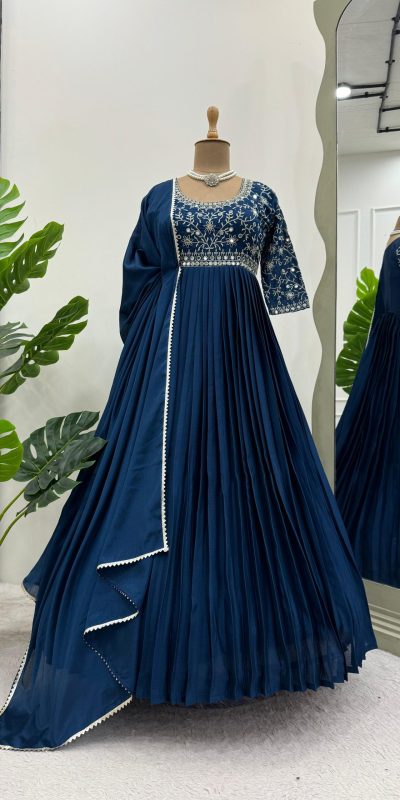 RTC 5724 Navy Blue Color Chinon Silk Thread With Real Mirror Gown Wedding Party, Festive,@1799/- Only | Bollywood Gowns, Creative Gowns, Designer Gowns, Embroidered Gowns, Gowns, Party Wear Gowns, Straight Suits