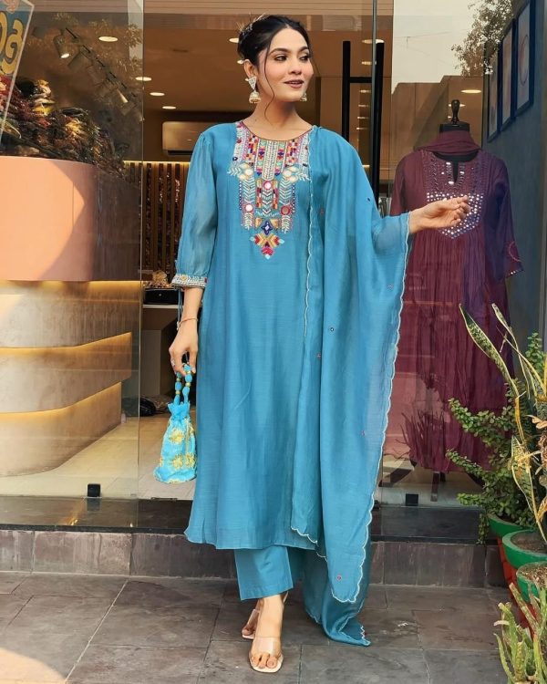 Stylist Blue Color Chanderi Silk With Mirror Work Embroidery Salwar Suit