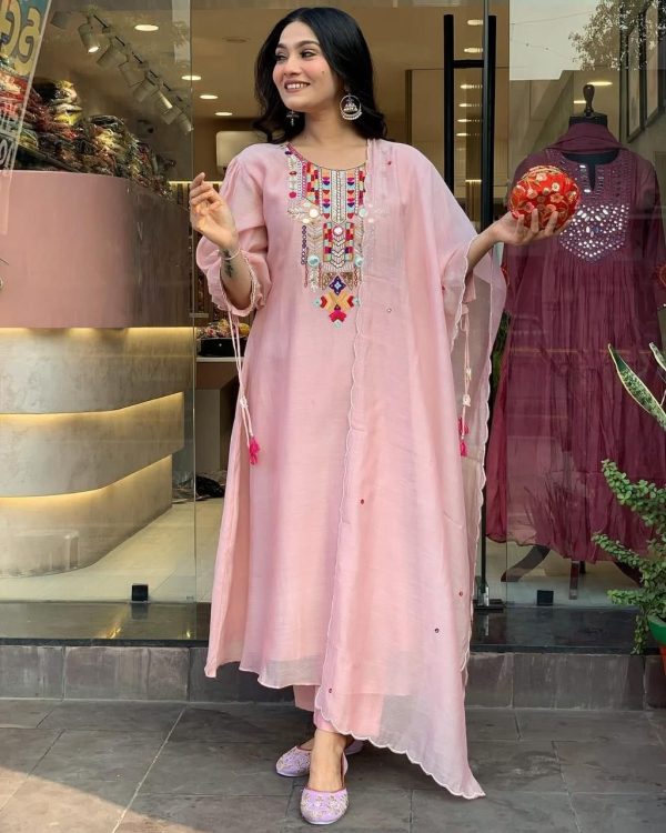 Stylist Peach Color Chanderi Silk With Mirror Work Embroidery Salwar Suit