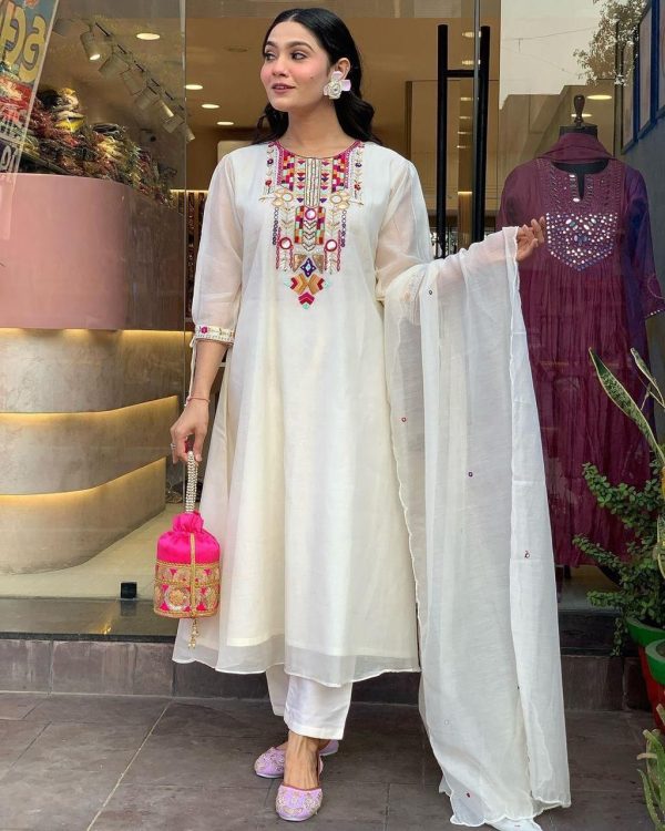 Stylist White Color Chanderi Silk With Mirror Work Embroidery Salwar Suit