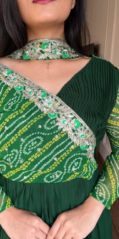 Ram 058 Green Color Bandhej With Fox Georgette 3mm Sequence Embroidery Work Anarkali Gown Wedding Party, Festive, Events Etc.4-6 Working Days@1899/- only | Bollywood Gowns, Creative Gowns, Designer Gowns, Embroidered Gowns, Gowns, Party Wear Gowns, Straight Suits