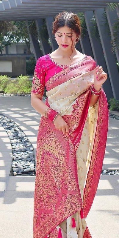 KP 4095 Half White Color Soft Lichi Silk Jacquard Work On All Over Saree Casual, Wedding, Festive, Events . Expected Delivery 4-6 Working Days @1499/- only | Bollywood Sarees, Creative Sarees, Designer Sarees, Embroidered Sarees, Ethnic Saree, Modern Digital sarees, Party Wear Sarees, Sarees