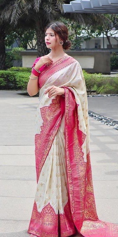 KP 4095 Half White Color Soft Lichi Silk Jacquard Work On All Over Saree Casual, Wedding, Festive, Events . Expected Delivery 4-6 Working Days @1499/- only | Bollywood Sarees, Creative Sarees, Designer Sarees, Embroidered Sarees, Ethnic Saree, Modern Digital sarees, Party Wear Sarees, Sarees
