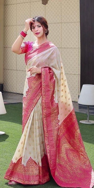 KP 4095 Half White Color Soft Lichi Silk Jacquard Work On All Over Saree Casual, Wedding, Festive, Events . Expected Delivery 4-6 Working Days @1499/- only | Bollywood Sarees, Creative Sarees, Designer Sarees, Embroidered Sarees, Ethnic Saree, Modern Digital sarees, Party Wear Sarees, Sarees