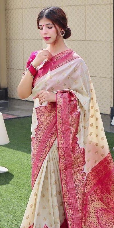 KP 4095 Half White Color Soft Lichi Silk Jacquard Work On All Over Saree Casual, Wedding, Festive, Events . Expected Delivery 4-6 Working Days @1499/- only | Bollywood Sarees, Creative Sarees, Designer Sarees, Embroidered Sarees, Ethnic Saree, Modern Digital sarees, Party Wear Sarees, Sarees