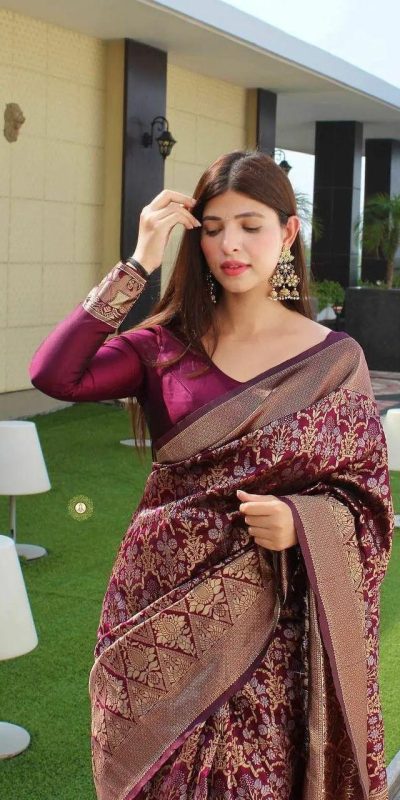  KP 3062 Wine Color Soft Lichi Silk Jacquard Work On All Over Saree Casual, Wedding, Festive, Events . Expected Delivery  4-6 Working Days @1499/- only                                                                                                                                             | Bollywood Sarees, Creative Sarees, Designer Sarees, Embroidered Sarees, Ethnic Saree, Modern Digital sarees, Party Wear Sarees, Sarees