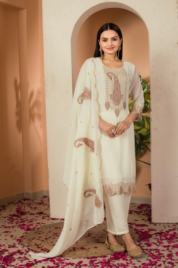 lovey Cream Color Fox georgette Embroidery Thread Sequence Salwar Suit