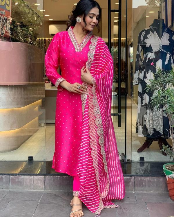 Magical Pink Color Chinon Silk Wide Digital Print Coding Work Lace Salwar Suit