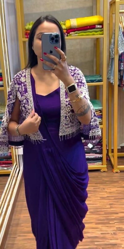 ST 1086 Purple Color Chinnon With Fully Embroidery Koti Ready To Wear Saree Wedding Party, Festive, Events Etc.4-6 Working Days@2049/- only | Bollywood Sarees, Creative Sarees, Designer Sarees, Embroidered Sarees, Ethnic Saree, Modern Digital sarees, Party Wear Sarees, Sarees