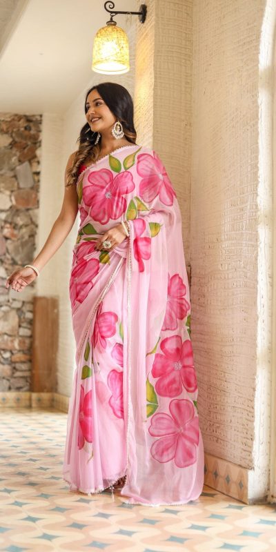 SC 409 Pink Color Pure Soft Georgette Silk All Over Saree Casual, Wedding, Festive, Events . Expected Delivery 4-6 Working Days @1599/- only | Bollywood Sarees, Creative Sarees, Designer Sarees, Embroidered Sarees, Ethnic Saree, Modern Digital sarees, Party Wear Sarees, Sarees