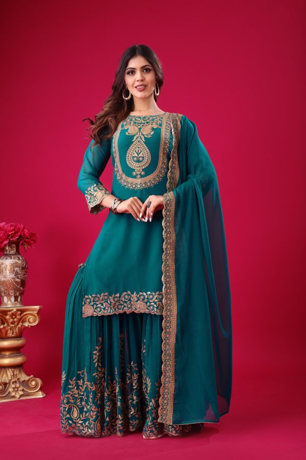 Amazing Blue Color Faux Georgette Embroidery Sequence Work Salwar Suit