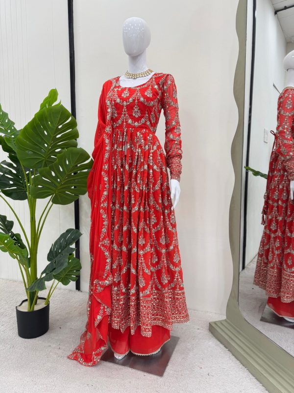 Amazing Red Color Georgette Thread Sequence Work Salwar Suit