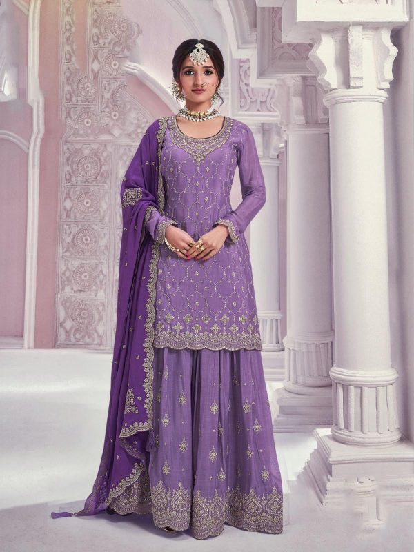 Amazing Violet Color Chinon Multi Coding Work Salwar Suit