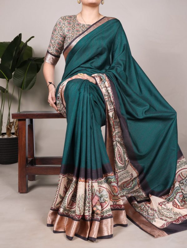 Attractive Peacock Blue Color Tussar Silk With Viscose Border Printed Saree