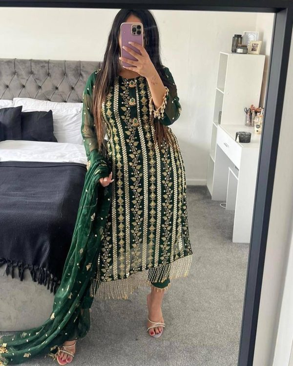 Beautiful Green Color Chinon Silk With Embroidery Work Salwar Suit