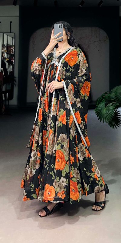 YNF 5040 Orange Color Georgette Floral Printed Paper Mirror Lace Gown , Wedding, Party, Festive, Events Etc. Expected Delivery 4-6 Working Days @1899/- | Bollywood Gowns, Creative Gowns, Designer Gowns, Embroidered Gowns, Gowns, Party Wear Gowns