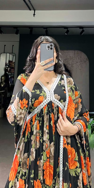 YNF 5040 Orange Color Georgette Floral Printed Paper Mirror Lace Gown , Wedding, Party, Festive, Events Etc. Expected Delivery 4-6 Working Days @1899/- | Bollywood Gowns, Creative Gowns, Designer Gowns, Embroidered Gowns, Gowns, Party Wear Gowns