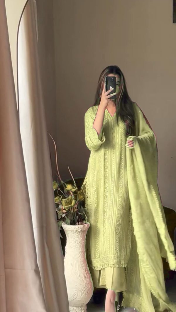 Beautiful Pista Color Chinon Cotton Thread Embroidery Work Salwar Suit