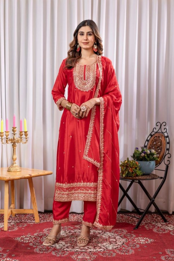 Bright Red Color Chinon Thread Sequence Work Salwar Suit