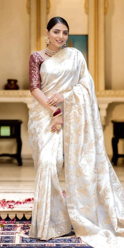 MB 494 White Color Soft Litchi Silk All Over Weaving Saree Casual, Wedding, Festive, Events . Expected Delivery 4-6 Working Days @1199/- only | Bollywood Sarees, Creative Sarees, Designer Sarees, Embroidered Sarees, Ethnic Saree, Modern Digital sarees, Party Wear Sarees, Sarees