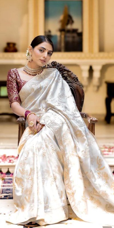 MB 494 White Color Soft Litchi Silk All Over Weaving Saree Casual, Wedding, Festive, Events . Expected Delivery 4-6 Working Days @1199/- only | Bollywood Sarees, Creative Sarees, Designer Sarees, Embroidered Sarees, Ethnic Saree, Modern Digital sarees, Party Wear Sarees, Sarees
