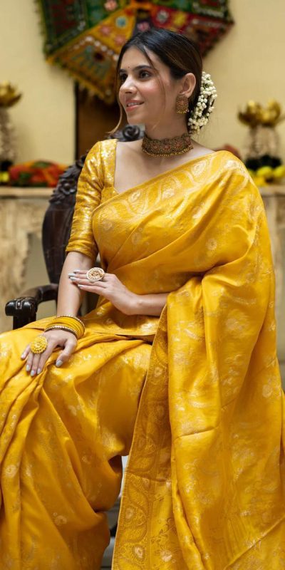 MB 494 Yellow Color Soft Litchi Silk All Over Weaving Saree Casual, Wedding, Festive, Events . Expected Delivery  4-6 Working Days @1199/- only                                                                                                                                             | Bollywood Sarees, Creative Sarees, Designer Sarees, Embroidered Sarees, Ethnic Saree, Modern Digital sarees, Party Wear Sarees, Sarees