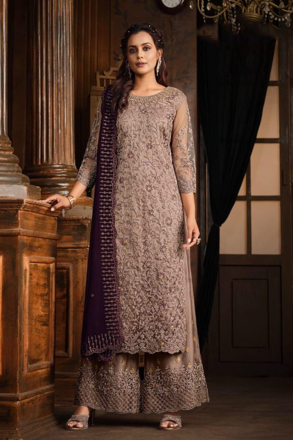 Classic Cream Color Net With Coding Sequence Work Salwar Suit
