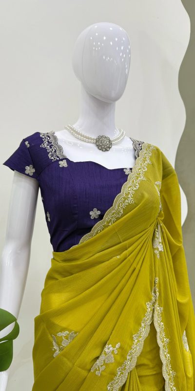 KD 576 Mustard Yellow Color Tesla Chiffon Work Thread Work Saree Casual, Wedding, Festive, Events . Expected Delivery 4-6 Working Days @1749/- only | Bollywood Sarees, Creative Sarees, Designer Sarees, Embroidered Sarees, Ethnic Saree, Modern Digital sarees, Party Wear Sarees, Sarees