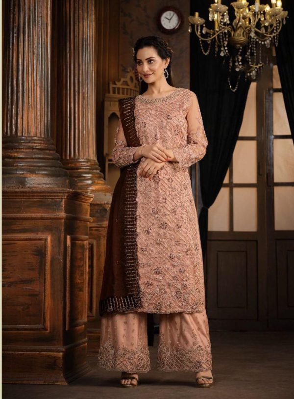 Classic Peach Color Net With Coding Sequence Work Salwar Suit