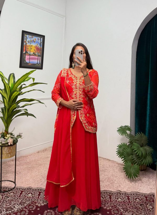 Classic Red Color Printed Faux Georgette Embroidery Work Salwar Suit