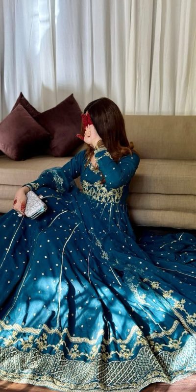 VLM 272 Rama Blue Color Star Georgette Embroidery Work Gown Casual, Wedding, Party, Festive, Events Etc. Expected Delivery 4-6 Working Days @2049/- | Bollywood Gowns, Creative Gowns, Designer Gowns, Embroidered Gowns, Gowns, Party Wear Gowns