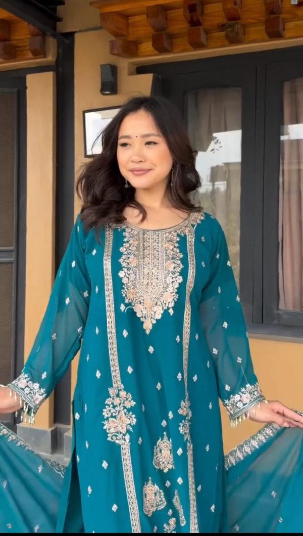 Fantastic Blue Color Chinon Embroidery Work Fancy Moti lace Salwar Suit