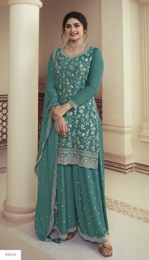 Glowing Blue Color Chinon Embroidery Multi Work Salwar Suit