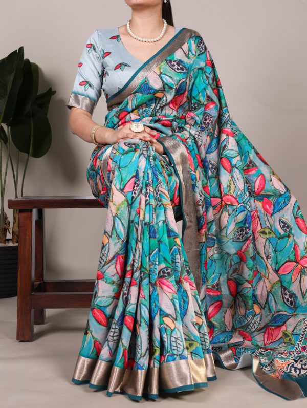 Glowing Blue Color Tushar Silk With Viscose Border Printed Saree