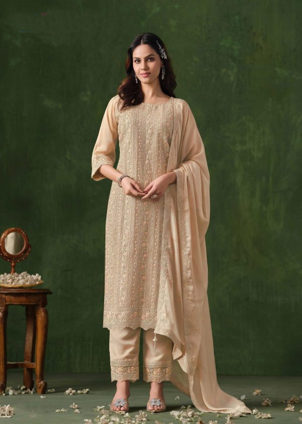 Glowing Cream Color Rangoli Coding Sequence Work Salwar Suit