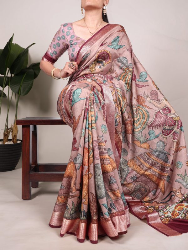Glowing Cream Color Tushar Silk With Viscose Border Printed Saree