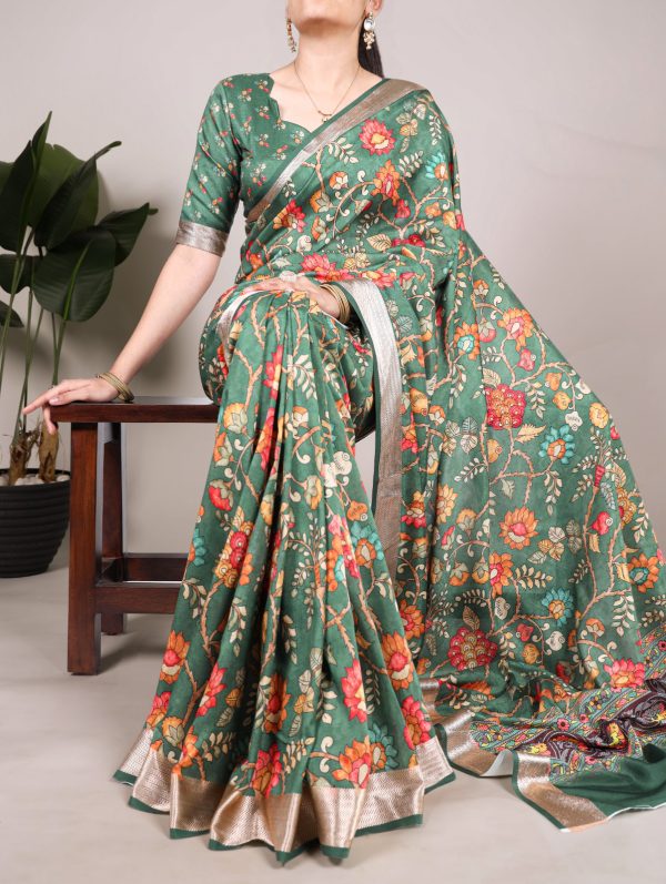 Glowing Green Color Tushar Silk With Viscose Border Printed Saree