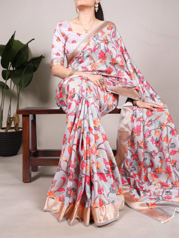 Glowing Grey Color Tushar Silk With Viscose Border Printed Saree