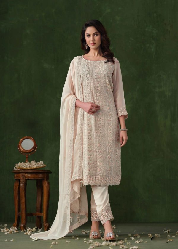 Glowing Half White Color Rangoli Coding Sequence Work Salwar Suit